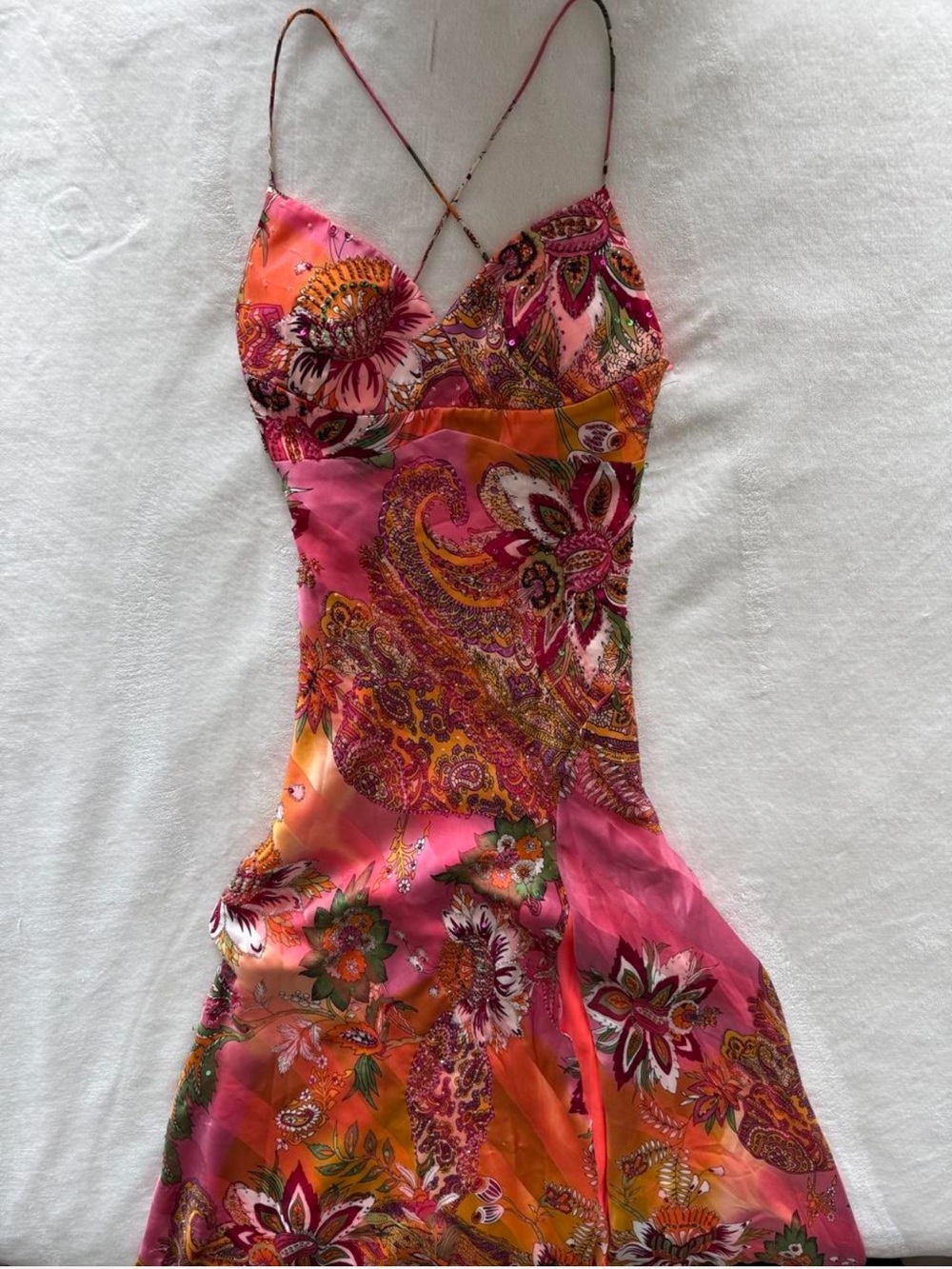 Y2K Cache Pink/Orange Floral/Paisley Print Maxi Dress - Picture 3 of 8
